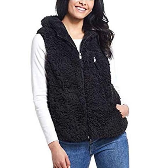 Original Weatherproof Vintage Black Teddy Full Zip Hooded Vest Size Large - Picture 1 of 11